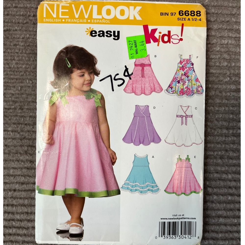 New Look 6688 Kids Toddler Easy Dress Sewing Pattern Size 1/2-4 Uncut 6 Styles